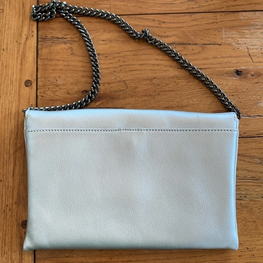 J. Crew Envelope Clutch Bag Convertible Shoulder Chain Silver Metallic Leather